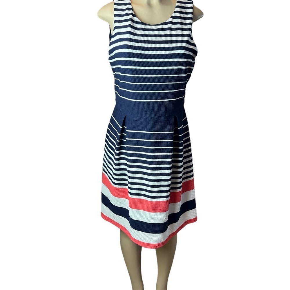 41 HAWTHORN Sara Navy and Coral Striped A-Line Knit Sleeveless Dress Size L​​​​